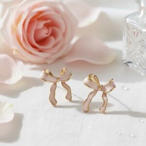 Elegant Pink & Gold Bow Earrings | Gift Wrapped Iron Studs